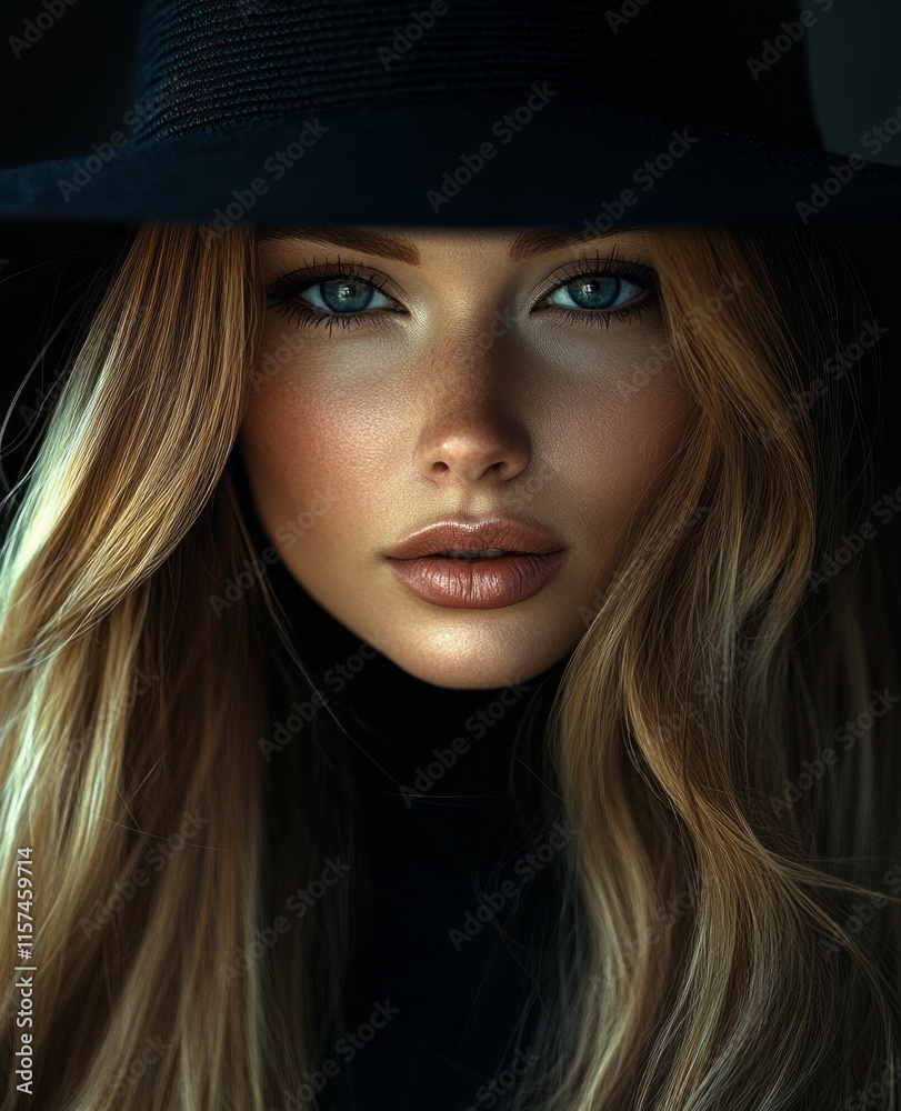 Portrait of a woman with striking blue eyes, long blonde hair, and a black hat – ideal for fashion editorials, beauty campaigns, or lifestyle visuals Portrait of a woman with striking blue eyes, long blonde hair, and a black hat – ideal for fashion editorials, beauty campaigns, or lifestyle visuals