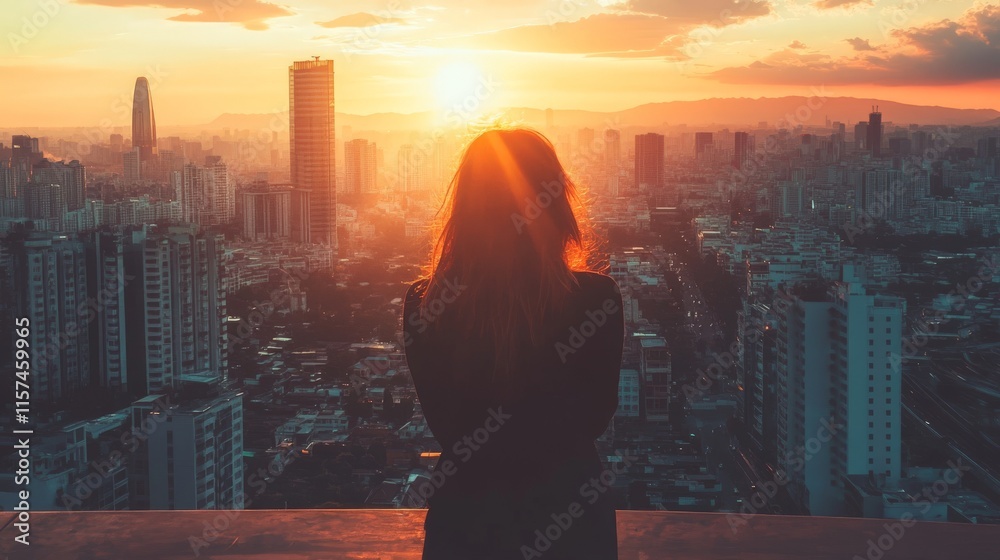 Fototapeta premium Golden Hour Cityscape Silhouette: A Woman's Contemplative Sunset View