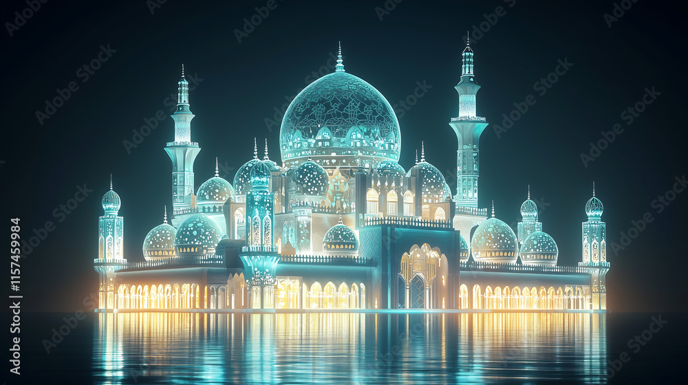 Obraz premium stunning digital rendering of a grand mosque at night illuminated with vibrant teal and gold lights Reflected in still water showcasing intricate details and Islamic architecture