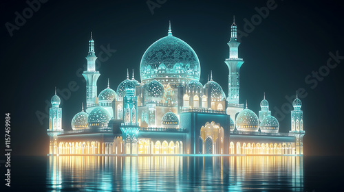 stunning digital rendering of a grand mosque at night illuminated with vibrant teal and gold lights Reflected in still water showcasing intricate details and Islamic architecture photo