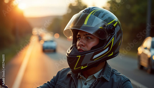 Person wearing safety helmet on motorbike looks thoughtfully at road. Sunset light casts warm hues on asphalt, traffic. Focus on safety gear, road scene. Image suitable for motorcycle safety