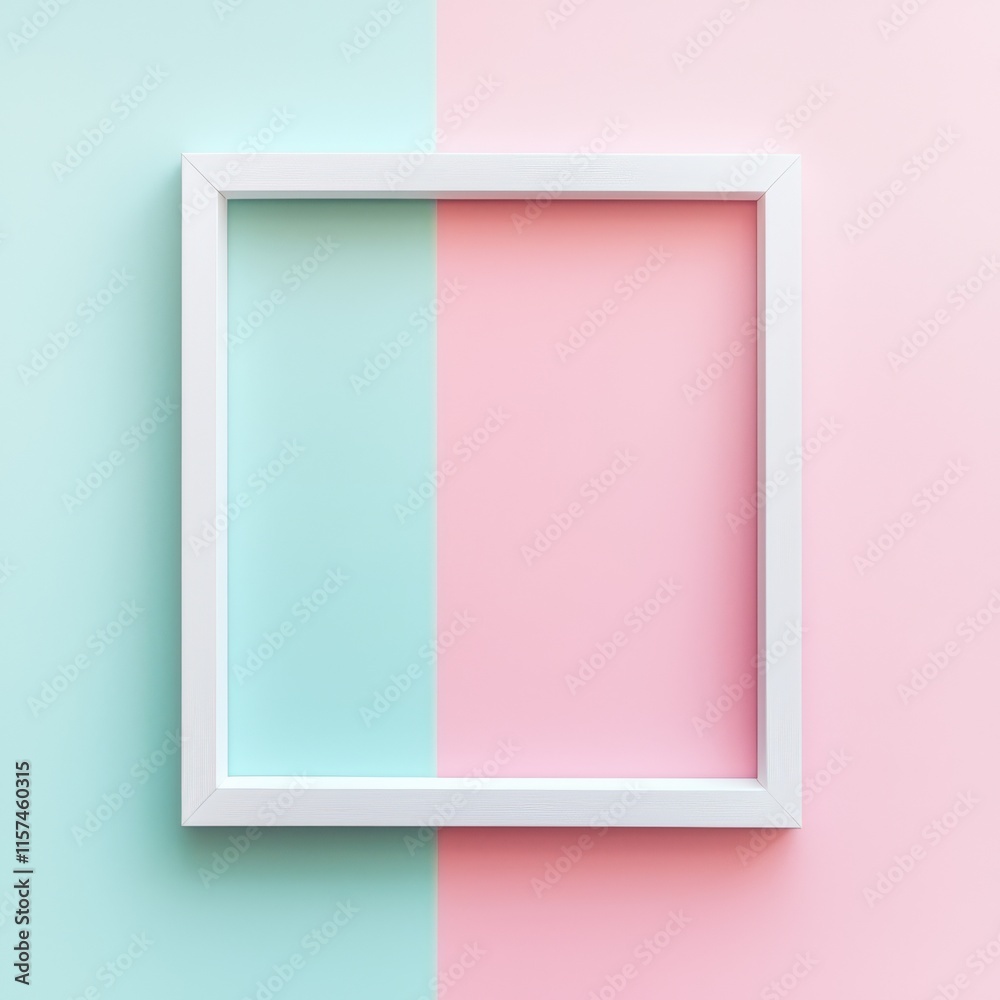 White Frame on Pastel Background: A minimalist composition featuring a clean white square frame set against a split pastel background of mint green and soft pink. White Frame on Pastel Background: A minimalist composition featuring a clean white square frame set against a split pastel background of mint green and soft pink.