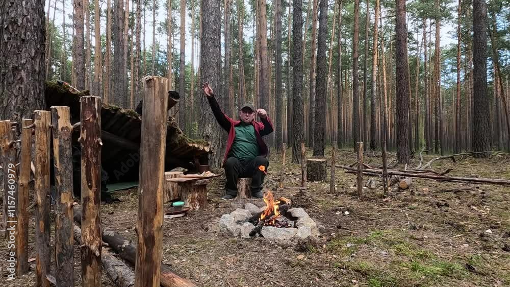 Man drinking tea by the fire in nature Man drinking tea by the fire in nature