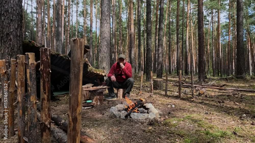 Man drinking tea by the fire in nature Man drinking tea by the fire in nature