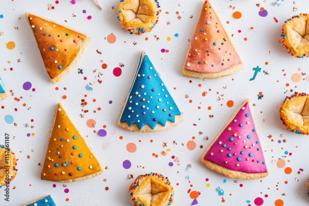 Fototapeta premium holiday costume ideas, purim-themed costume illustrations spread across a white canvas, decorated with hamantaschen cookies and confetti, giving a whimsical vibe