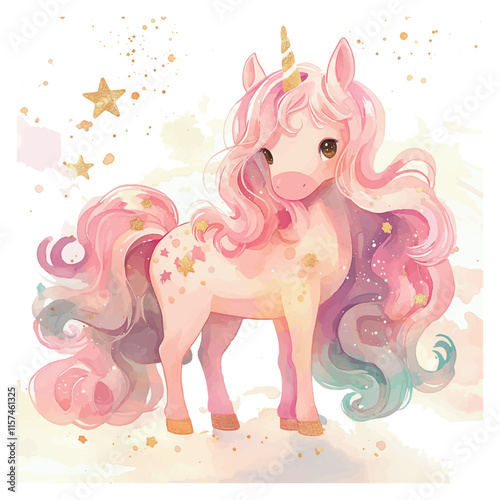 A unicorn with gold stars on its head and pink hair. The unicorn is standing in front of a white background