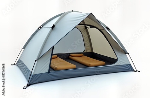 Gray dome tent isolated on white background. Outdoor camping equipment. Two inflatable sleeping mats inside. Tent open, ready for use. Perfect for outdoor adventures. Suitable for tourists, hikers.
