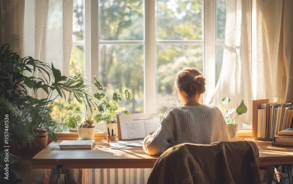 A serene workspace filled with natural light, where a person sits at a simple desk, writing in a journal. 