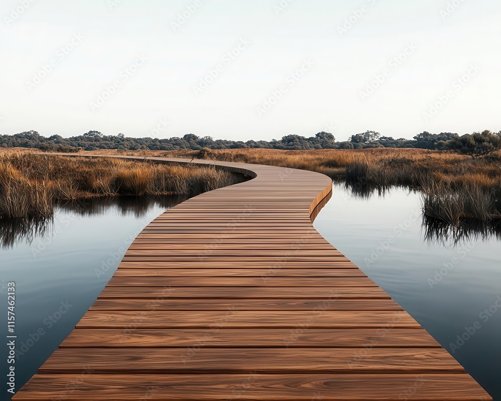 Fototapeta premium Modern wooden bridge with a sleek design, gently curving across a river in a rural, ecofriendly setting