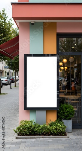 Mockup billboards or white promotion poster displayed on the front of the restaurant, coffee shop Promotion information for marketing announcements and details
