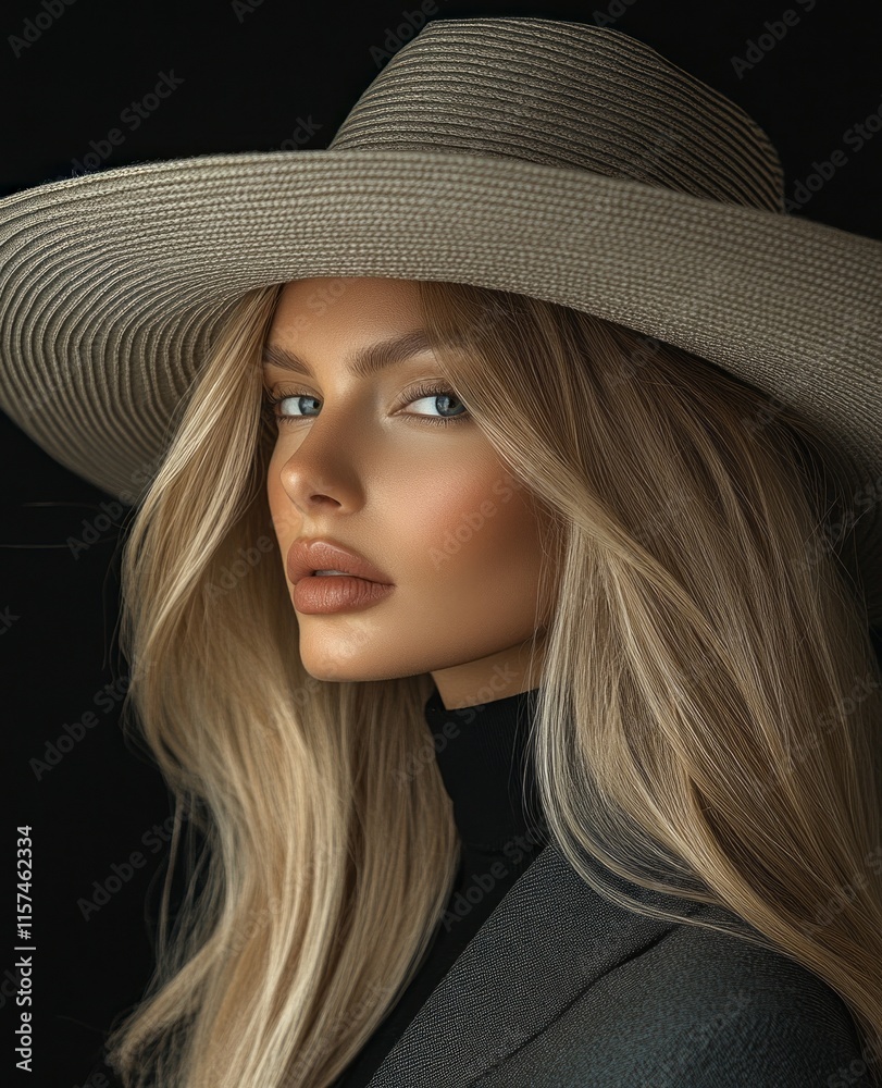 Minimalist photography of an elegant woman with long, straight blonde hair, wearing a large hat, against a black background. A beauty shot with natural skin. chic and elegant portrait Minimalist photography of an elegant woman with long, straight blonde hair, wearing a large hat, against a black background. A beauty shot with natural skin. chic and elegant portrait