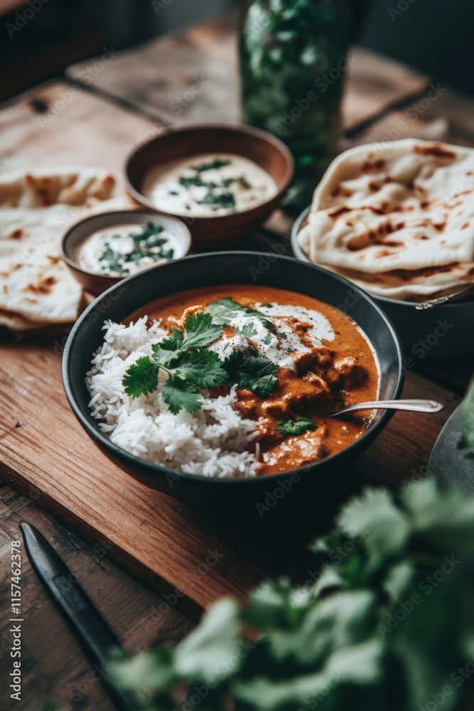 Delicious Indian curry served with rice, naan, and fresh herbs. Perfect for food lovers, home cooking inspiration, and culinary presentations. Tasty and aromatic. Delicious Indian curry served with rice, naan, and fresh herbs. Perfect for food lovers, home cooking inspiration, and culinary presentations. Tasty and aromatic.