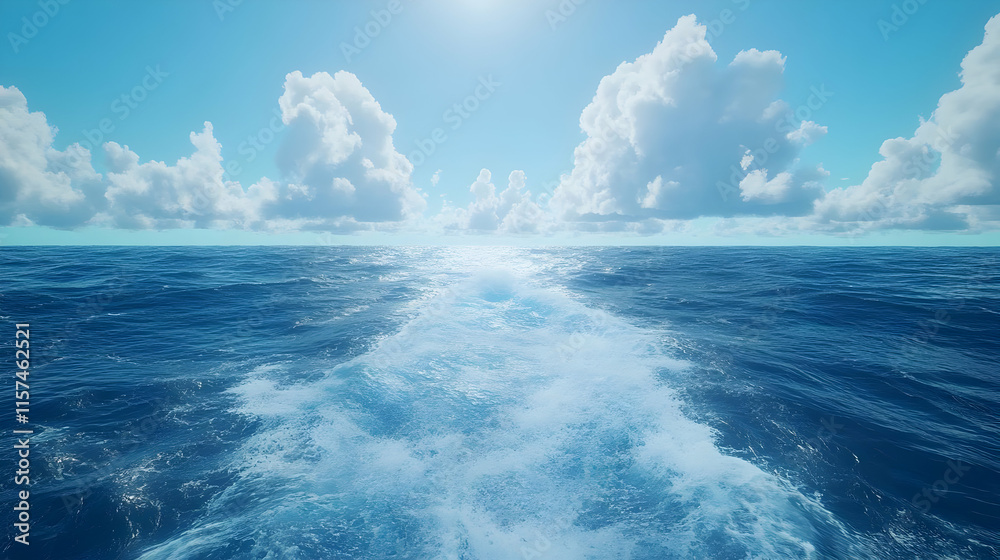 Fototapeta premium Wake of a ship on a sunny ocean with blue sky and fluffy clouds.