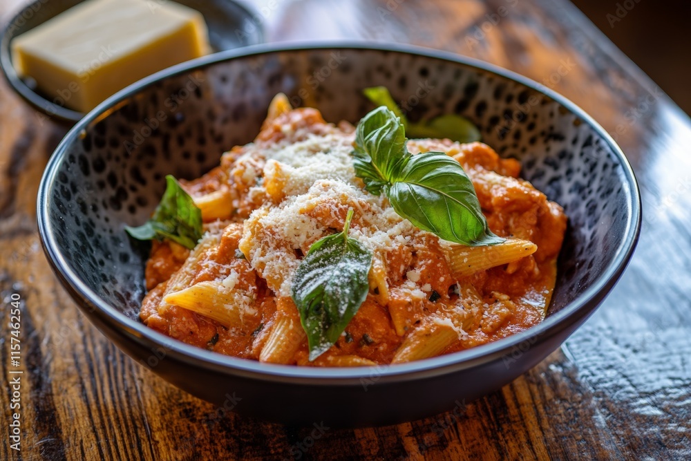 Delicious pasta dish in a stylish bowl, garnished with fresh basil and grated cheese, perfect for Italian cuisine lovers and food photography enthusiasts. Delicious pasta dish in a stylish bowl, garnished with fresh basil and grated cheese, perfect for Italian cuisine lovers and food photography enthusiasts.