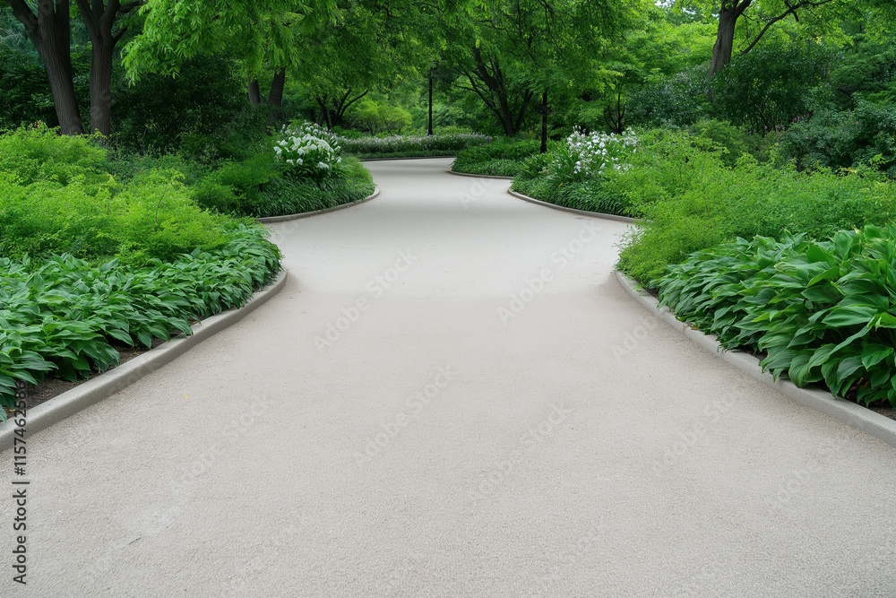 Winding path through lush greenery in a tranquil park setting on a sunny day Winding path through lush greenery in a tranquil park setting on a sunny day