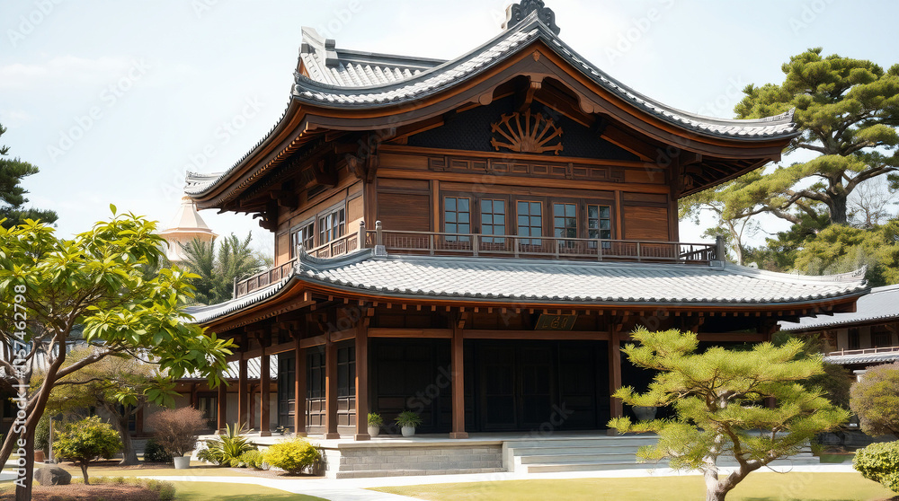 Japanese-Style Wooden Building with Gray Roof and Landscaping Japanese-Style Wooden Building with Gray Roof and Landscaping