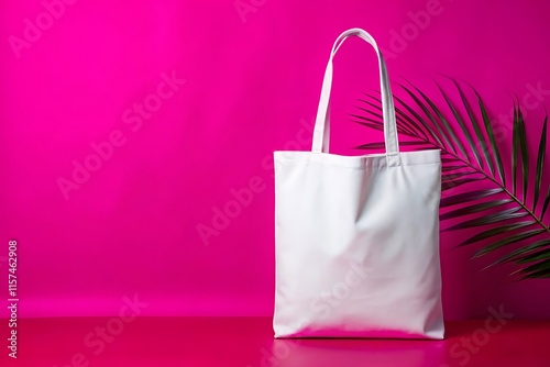 empty mockup blank tote bag over light beige background. photo