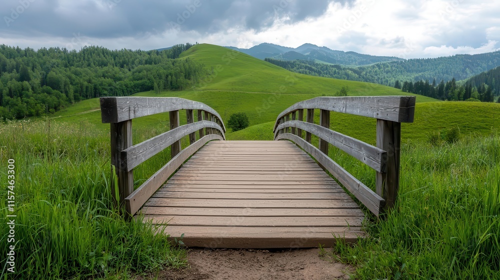 Multitiered wooden bridge connecting hillside farms, providing scenic views of the surrounding rural valley Multitiered wooden bridge connecting hillside farms, providing scenic views of the surrounding rural valley