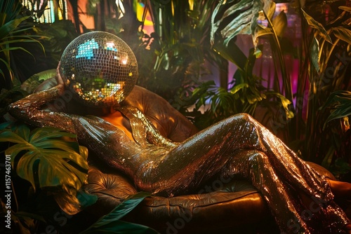 Fototapeta Naklejka Na Ścianę i Meble -  Disco-themed relaxation with a person in a mirror ball helmet lounging in a vibrant jungle setting, blending music, nature, and retro style for unique ambiance.