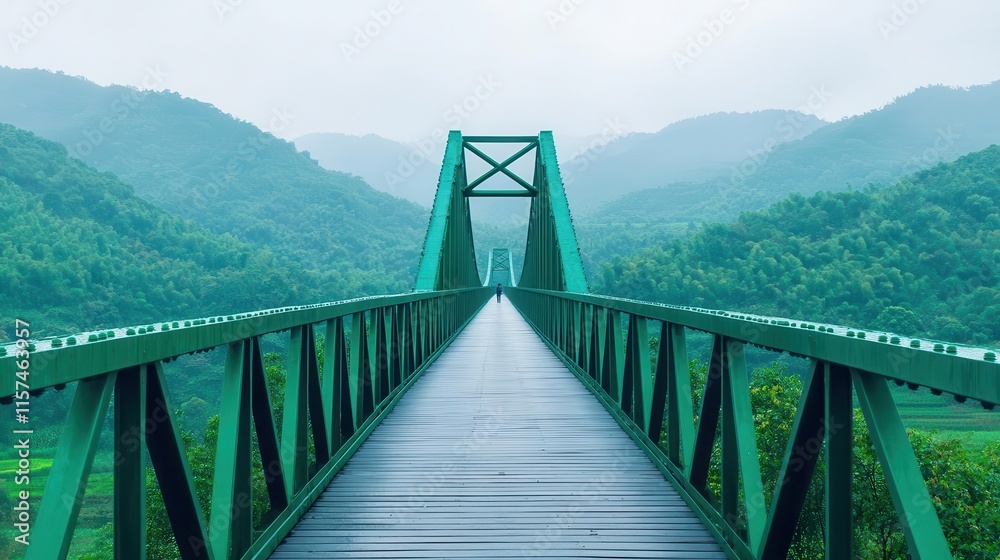 Fototapeta premium Modern steel bridge with minimalist design, contrasting with lush green farmlands and open fields below
