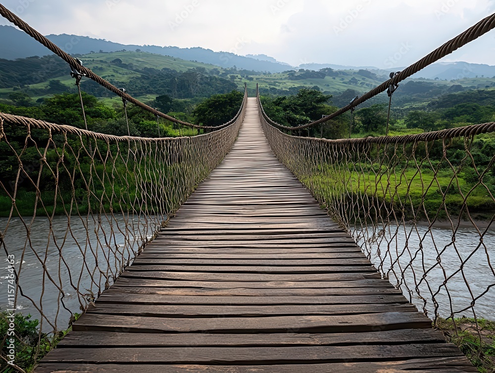 Obraz premium Pedestrian bridge with rope sides and wooden planks, curving over a wide river in a remote rural region