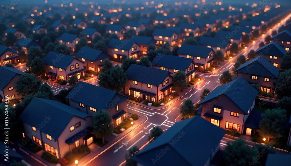 Obraz premium Suburban houses at night with warm light glowing from windows. Streets lit. Modern design. Neighborhood neat, tidy. Data transaction flow suggested in prompt. Digital network connection tech concept