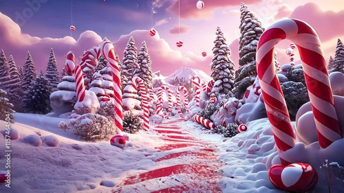 Whimsical winter candy land with oversized red and white candy canes in a snowy fores