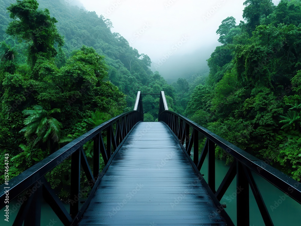 Rustic iron bridge crossing a misty river in a forested rural setting, with dense trees and wildlife Rustic iron bridge crossing a misty river in a forested rural setting, with dense trees and wildlife