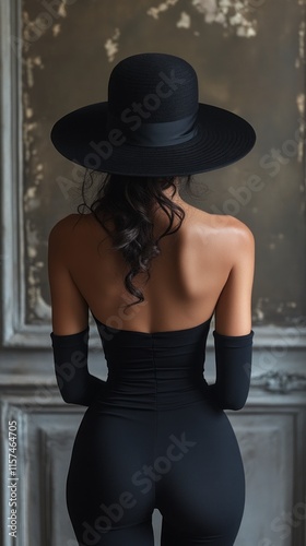 Elegant woman in a backless black outfit and wide-brimmed hat, captured from behind in a vintage-inspired setting – perfect for fashion editorials, luxury branding, or artistic photography
