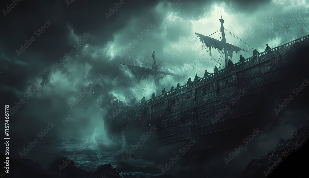 Naklejka premium Ghost Ship in a Tempest: A haunting digital painting of an ancient galleon engulfed by a raging storm, waves crashing against its decaying hull, shrouded in eerie darkness and mist.
