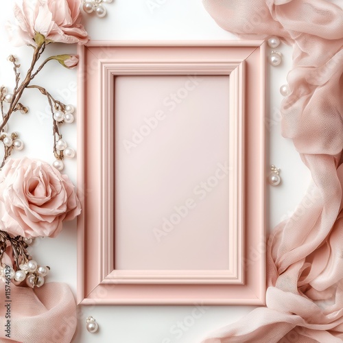Elegant Pink Frame with Roses and Pearls: A delicate composition featuring a soft pink picture frame surrounded by roses, pearls, and draped fabric.