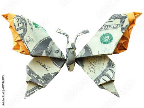 origami butterfly made from ten dollar bills on white background photo