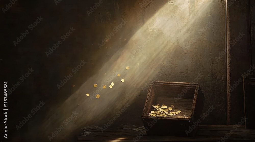 Obraz premium A beam of light illuminates a wooden box filled with gold coins in a dimly lit space.