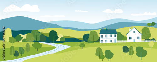 House in the hills, a rural landscape of green fields and meadows, hills with trees and a road leading to the mountains. An estate in a picturesque area among hills and mountains.