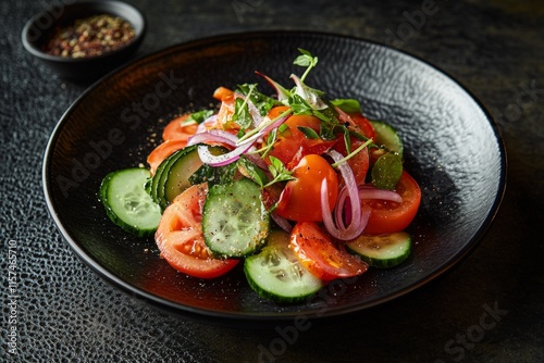 Fresh garden salad with tomatoes, cucumbers, and red onions served in a stylish black bowl. Perfect for healthy eating, vegan recipes, and culinary photography. photo