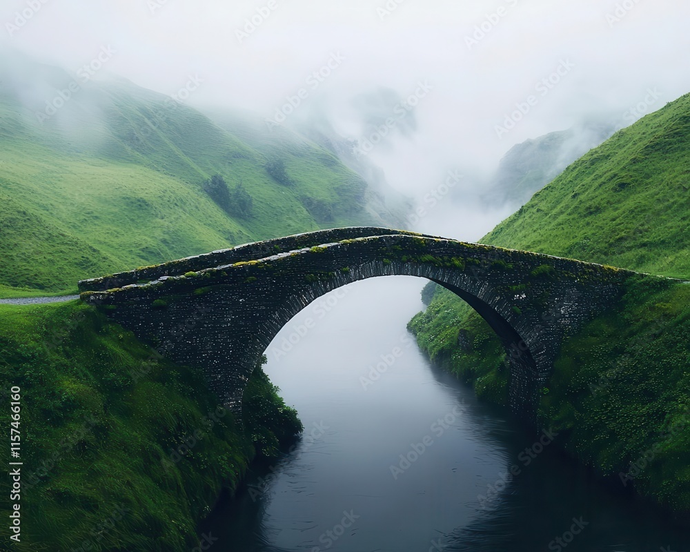 Fototapeta premium Ancient stone bridge with mosscovered arches, crossing a river surrounded by fog and rolling rural hills