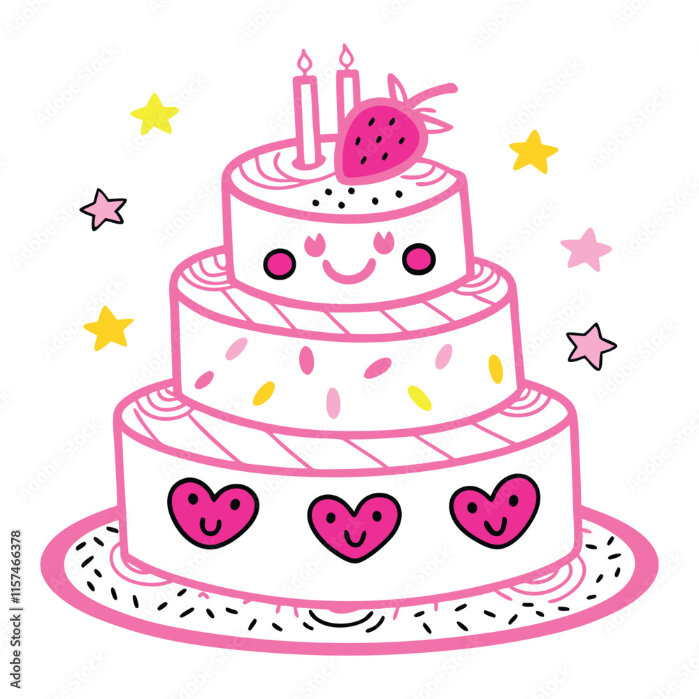 Pink Colored birthday cake Illustration.Pink Line Drawing Birthday Cake illustration Pink Colored birthday cake Illustration.Pink Line Drawing Birthday Cake illustration