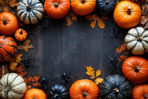 Halloween-themed composition with pumpkins, autumn leaves, and spiders framing a dark wooden background, ideal for seasonal promotions, party invitations, or social media posts photo