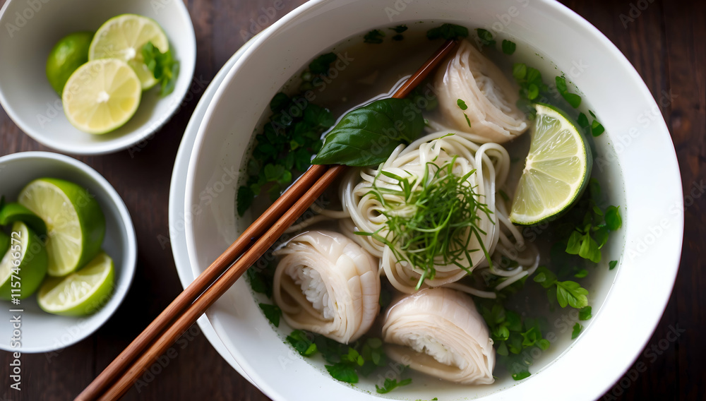 Savory Vietnamese Pho Noodle Soup with Fresh Herbs and Lime Garnish
Savory Vietnamese Pho Noodle Soup with Fresh Herbs and Lime Garnish