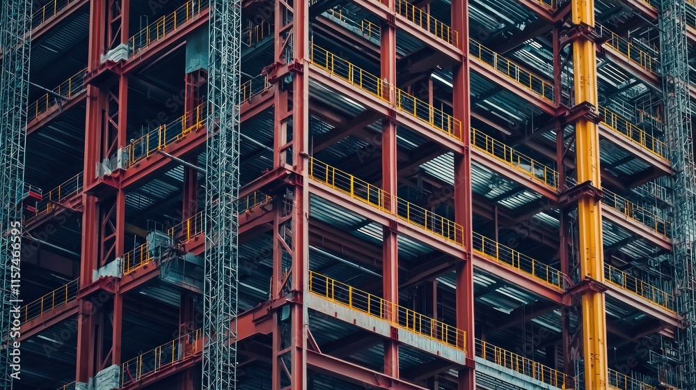 A close-up view of a steel framework of a construction site. A close-up view of a steel framework of a construction site.