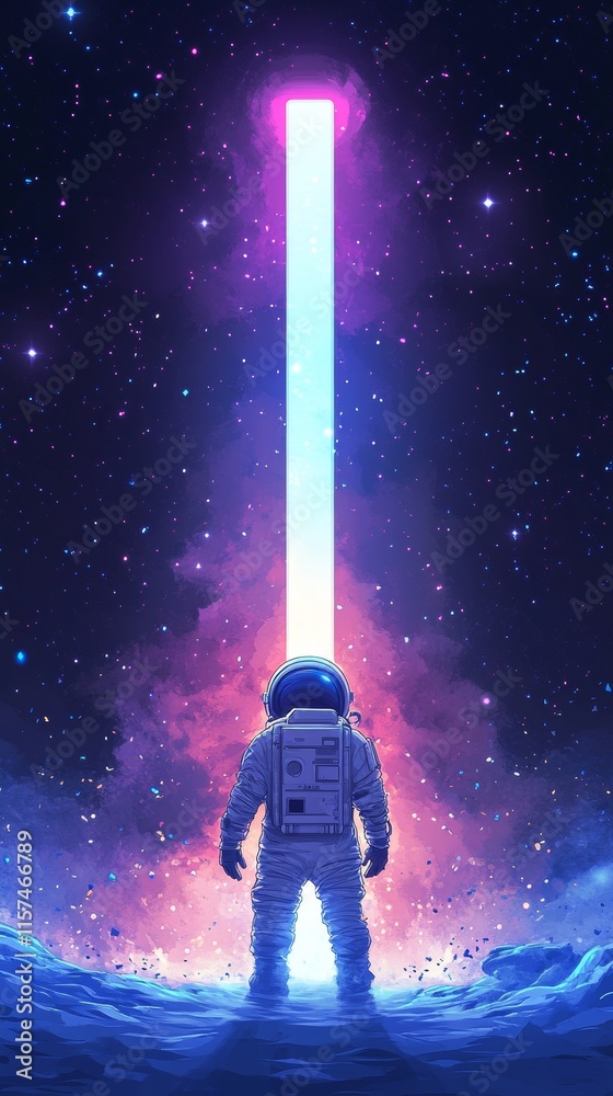 Obraz premium astronaut in space watching a portal with copy space vertically 9:16