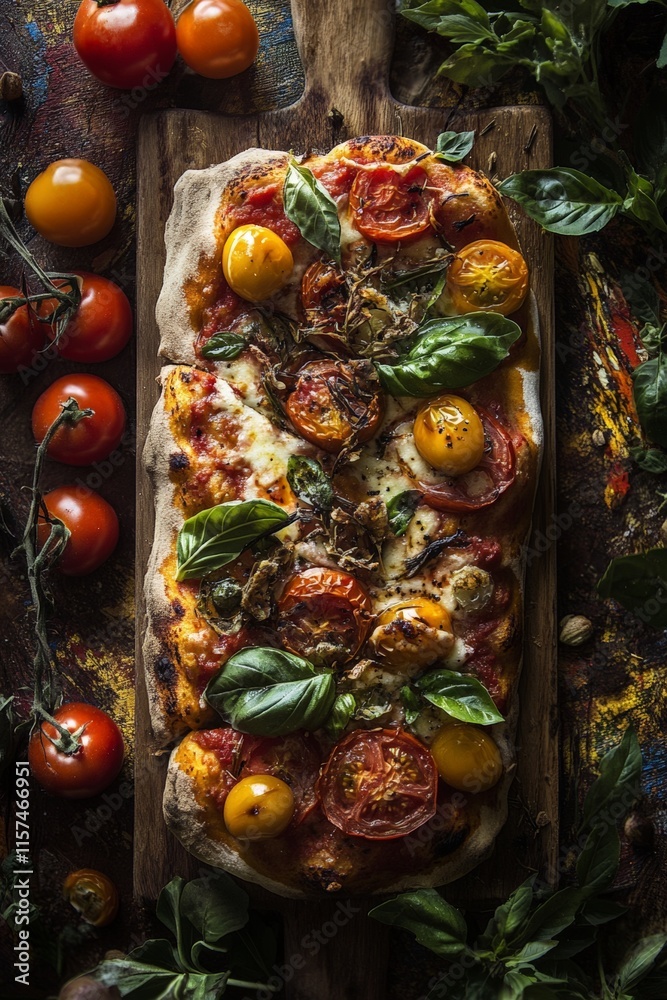 Freshly baked tomato basil flatbread garnished with vibrant heirloom tomatoes and greens, perfect for culinary inspiration, pizza recipes, and healthy meals.