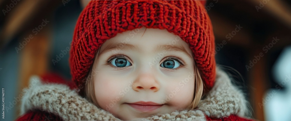 Adorable Toddler Girl in Red Knit Hat and Scarf, Winter Portrait Adorable Toddler Girl in Red Knit Hat and Scarf, Winter Portrait