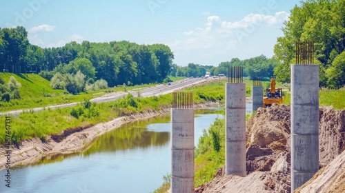 Construction site with concrete pillars near a river and highway.