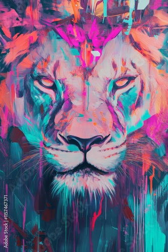 Colorful abstract lion portrait with vibrant hues, showcasing artistic expression, wildlife beauty, and creative design for digital art enthusiasts and animal lovers. photo