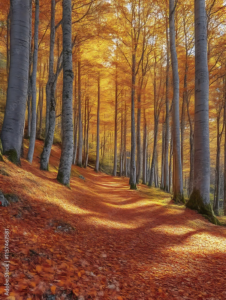 Fototapeta premium Sunlit autumn path through vibrant forest. (4)