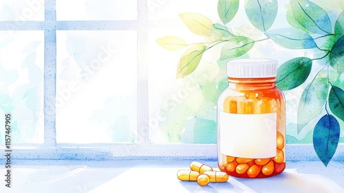 Serene Watercolor Scene with Medicine Bottle