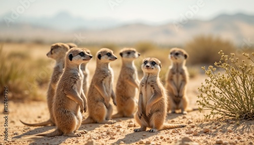 A small group of meerkats standing alert in a desert landscape, sparse shrubs and distant dunes visible, bright natural light, lively and natural atmosphere