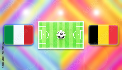 Italy and Belgium flag on soccer field with ball.Football match concept against multicolored abstract background.Copy space for text.	