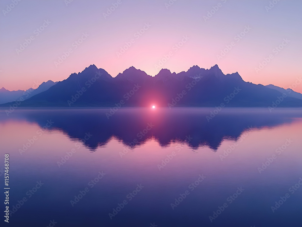 Fototapeta premium Serene sunrise over calm lake with majestic mountain range reflecting in still water, creating a breathtaking, symmetrical view.